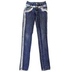 Silver Diva Skinny Jeans Blue Embellished Y2K Rhinestone Stretch Size 1 *read*
